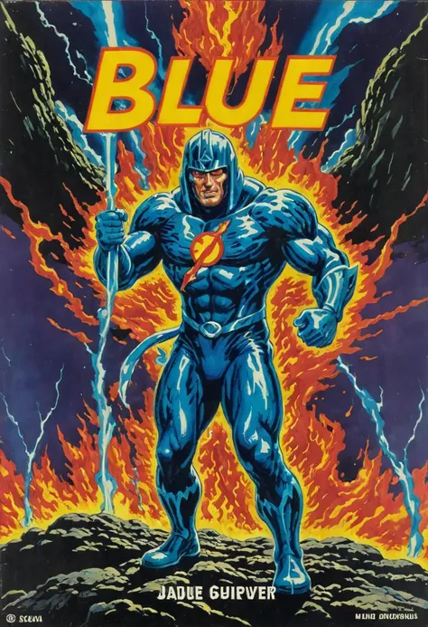 The cover of the vintage comic book titled "Blue" features a 3D-holographic image of a Cooling Lava character emerging from a volcanic eruption. The character is depicted in surrealistic style, inspired by Jan Sawka's art. The character is a muscular man with blue skin, wearing a red cape and a helmet with a blue flame on top. The character is surrounded by lava, which is depicted in a holographic and 3D manner. The lava is depicted in shades of red, orange, and yellow, with blue flames and sparks flying around the character. The background is a surrealistic landscape with mountains, forests, and waterfalls. The title "Blue" is written in bold and cursive letters, with a blue flame in the background. The overall effect is a stunning and captivating image that symbolizes transformation and rebirth.