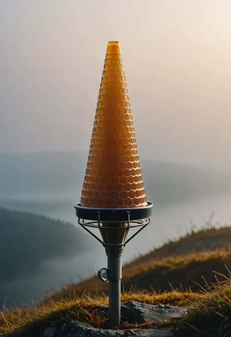 an Cone made of dvr-honey, Rolling fog, misty landscape, obscured horizon, moody ambiance, soft-focus beauty
