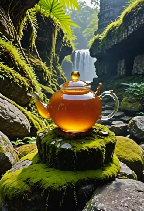 an Teapot made of dvr-honey, Ancient ruins, moss-covered stones, lost civilization, mysterious history, jungle exploration