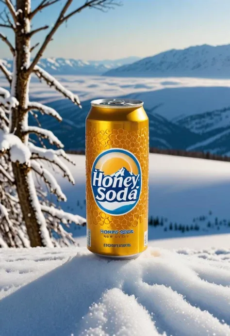 A DVR-honey soda can is standing upright on a snowy landscape. The snow is so deep that it covers the can up to the label. The snow is sparkling with icy crystals, creating a winter wonderland. The air is serene and still, and the only sound is the gentle crunch of snow underfoot. The cold beauty of the scene is breathtaking, with the snow-covered trees and the distant mountains creating a peaceful and tranquil atmosphere. The soda can, with its golden color, stands out against the white snow, adding a touch of warmth and sweetness to the scene.