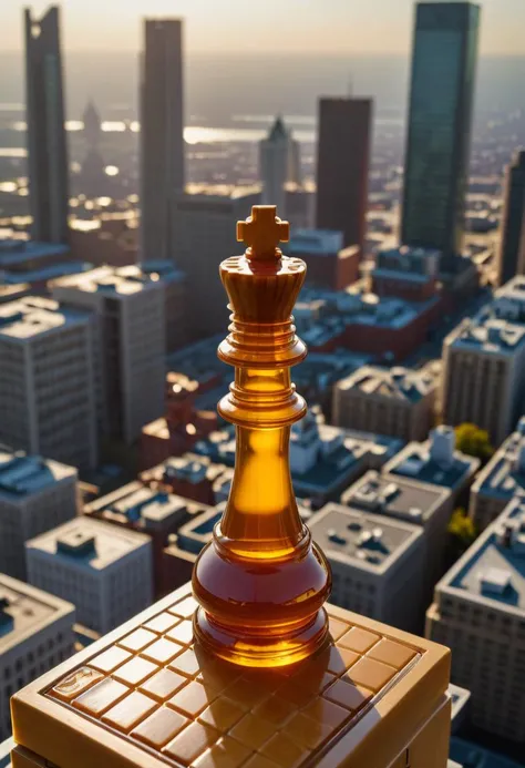 A close-up shot of a chess piece made of dvr-honey, which is a type of resin that mimics the texture of honey. The chess piece is a rook, which is a tall and narrow tower-like piece. The rook is positioned on a rooftop, overlooking a panoramic view of a bustling city. The aerial perspective captures the city's skyline, with tall buildings and winding streets. The urban exploration reveals hidden vantage points, such as the rooftop where the chess piece is situated. The hidden vantage point provides a unique perspective of the city, which is not visible from street level. The shot is taken from a high altitude, providing an aerial perspective that captures the city's sprawling layout. The shot is taken during the golden hour, which is the hour after sunrise or the hour before sunset, providing a warm and inviting glow to the city.