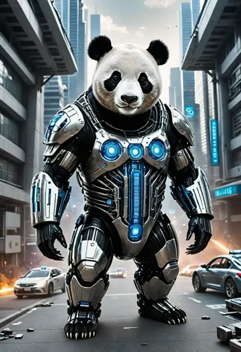 A cyborg Giant Panda with a sleek metallic exoskeleton, its eyes glowing with a blue light. It is standing in a futuristic city, surrounded by skyscrapers and flying cars. The panda is holding a laser gun in its paw, and its ears are pointed forward, listening intently. The panda's fur is a mix of black and white, and its eyes are large and expressive. The panda's exoskeleton is covered in intricate circuitry and wires, and it has a small screen on its chest that displays information. The panda's movements are fluid and graceful, despite its mechanical enhancements.