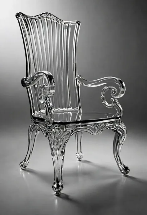 A chair made of clear glass with a high-end finish, designed by a Behance contest winner. The chair is ultra-detailed, with intricate curves and lines that create a sense of fluidity and elegance. The chair is illuminated by cinematic lighting, with high contrast and 8K resolution, creating a photo-realistic and ultra-detailed image. The character design is also highly detailed, with a realistic and lifelike appearance. The final image is a UHD and 4K resolution, perfect for high-end displays and cinematic viewing experiences.