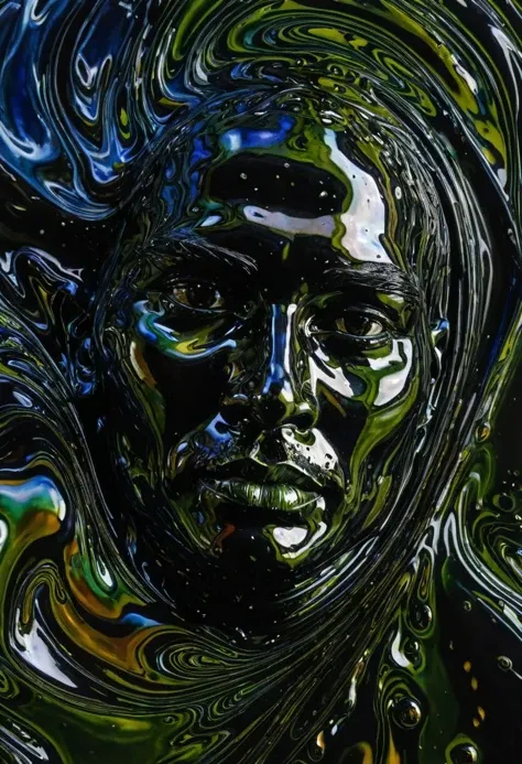 close up of a thai mans face, dim lighting, light sinking into an abyss, vortex of dark rippling forms, Gritty Textures, swirling black abstract liquid forms, iridescent oils slick thick slime liquid ferro fluid swirling, dark background