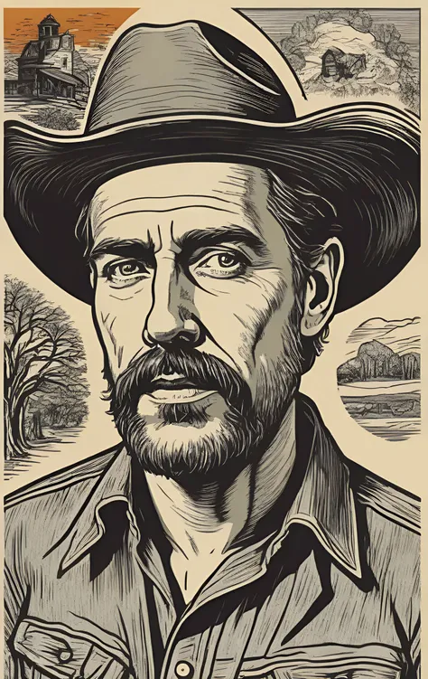 screen printing, Vector Art Stickers, professional vector designs, sticker designs, Sticker Sheet,, Landscape color guide, Mail Art,, Wild West style, old west, historical, rustic, old west style,, cutting-edge,hallucinatory,white-hot,trickling,picnics,time-worn,traffic,erode,unusual,unlit,disembodied, 1 handsome man, head tilted to the side, indicating thoughtfulness,
dramatic angle, extreamly detailed eyes,