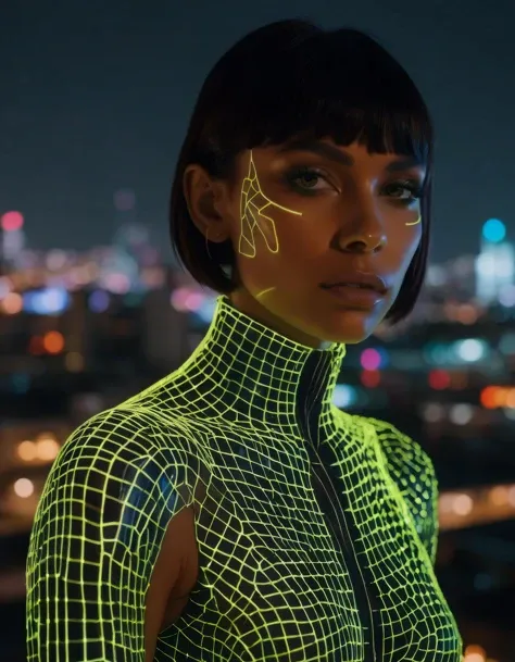 8k, a photo of a woman whose skin is made of neon glass, hazel eyes, short bangs, intense gaze, almond shaped eyes, full body view,
background is a cityscape, night, intricate detail