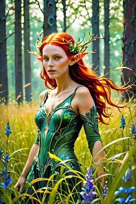 beautiful woman, red hair, forest in background, flowers, intricate details, masterpiece, hyper realistic, realism, photography, raw photo, colorful, horror theme <lora:ElvenGrass:1> ethereal fantasy concept art of abstract fractal, splash, abstract fractal art, elven grass, dreamy,