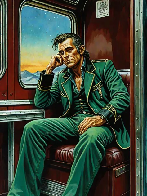a frank frazetta style steam punk male elf, sleeping, in bus, star map outside, in the style of Pino Daeni, outside shine,, window ,tranquil shadow dream fluctuation, interior, door, electric powder blue, scarlet and emerald tinge, soviet, silent contemplation , expand,Matte, Focal Point create, creepy, tempera, urban evening, fume, 4k, hyperrealistic