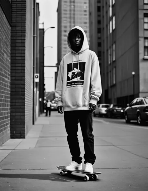 Oversized hoodie, skateboard, urban environment, Ilford Delta, street culture