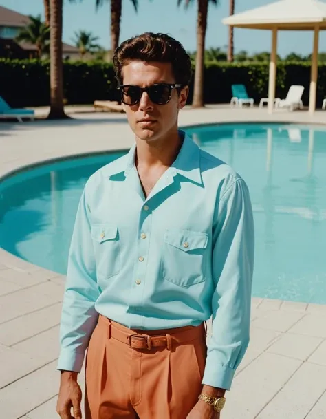 Big collar, polyester shirt, poolside, Kodak Ektar, retro leisure