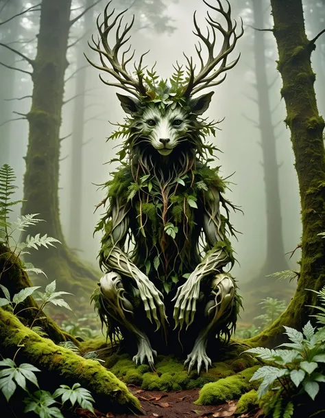 A forest creature made from dense fog, surrounded by mist and lush vegetation. In the style of Wendy Froud's eco-art.