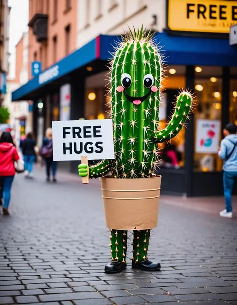 a cactus character holding a sign that says free hugs, standing on a bustling pedestrian street