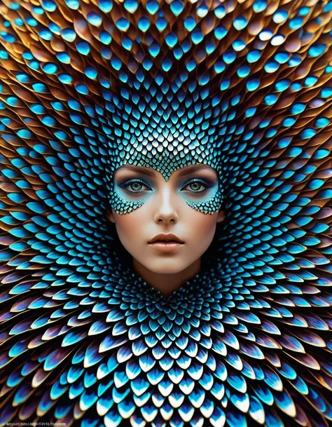 Kaleidoscopic patterns evoke a sense of infinite, ever-shifting perspectives., a fantasy creature made out of Fish scales