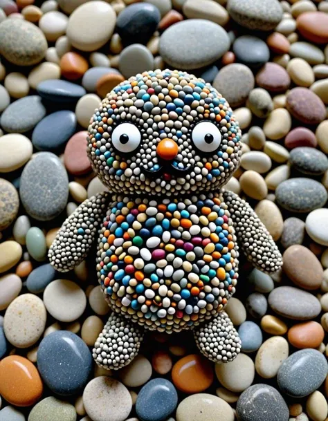 Muted tones with occasional color bursts, conveying understated emotional undercurrents., a fantasy creature made out of pebbles