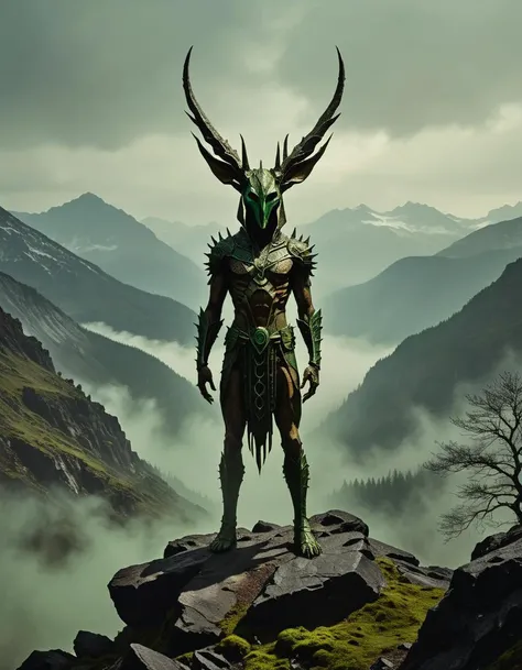 A cryptic collage featuring a fantasy creature with elongated ears and pointed features. The creature is depicted in shades of green and brown, with intricate details etched into its skin. The image has been given a film grain emphasis to add texture and depth. The creature appears to be standing on a rocky terrain, surrounded by mist and fog. In the background, there are hints of a dark forest and a distant mountain range. The overall effect is eerie and mysterious, with a sense of foreboding that draws the viewer in.
