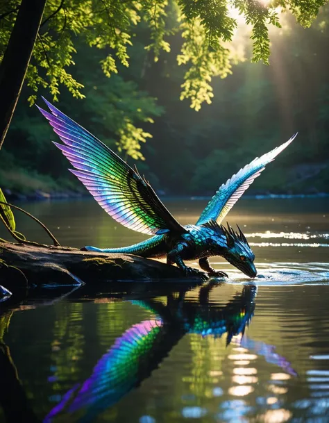 A fantasy creature with shimmering scales and iridescent wings is standing on the bank of a tranquil river. The creature's body morphs and changes shape as it moves, revealing intricate patterns and designs. Its wings are long and graceful, and they shimmer in the sunlight that filters through the trees lining the riverbank. The water is crystal clear, and schools of fish can be seen swimming beneath the surface. In the distance, a waterfall cascades down into the river, creating a soothing sound that blends with the gentle flow of the water. The creature's eyes are large and expressive, and they seem to glow in the light. It appears to be contemplating something as it gazes out at the serene landscape.