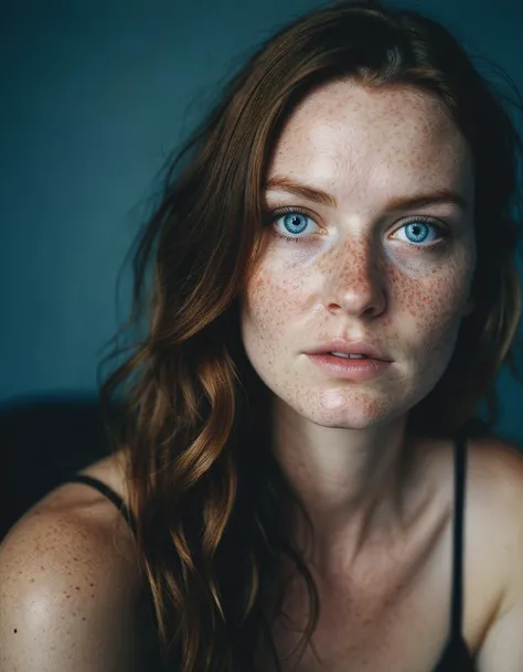 head and shoulders portrait of woman cindy with blue eyes, freckles, dark makeup, hyperdetailed photography, soft light, analog photo, film grain