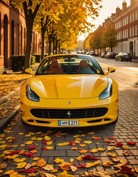 A yellow Ferrari is parked on a quiet autumn street. The car's sleek curves and shiny paint are illuminated by the warm orange light of the setting sun. Leaves of various shades of red, orange, and yellow cover the ground, creating a colorful carpet that leads up to the car. A few leaves are scattered across the hood and roof of the Ferrari, adding a touch of autumnal charm. The camera is positioned below the car, giving a unique perspective on the scene. In the distance, buildings with warm-colored brick facades can be seen, adding to the cozy and inviting atmosphere of this idyllic autumn setting.