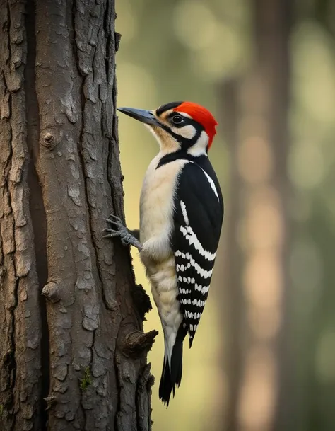 A woodpecker sitting on a tree, haze lighting.