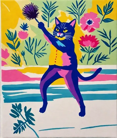 (modern a gouache artwork:1.5), dancing cat, Thistle color palette
