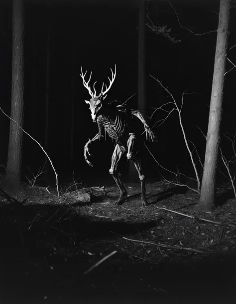 A dramatic image of a nonhuman creature in the forest at night, night photography, flashlight photography, dark, gritty, film photography, ilford, (film grain:1.5), intricate accurate details, 8K