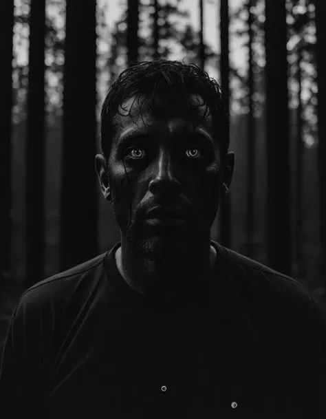 A dramatic image of a man in the forest at night, (glowing eyes:1.5), night photography, flashlight photography, dark, gritty, film photography, ilford, (film grain:1.5), intricate accurate details, 8K
