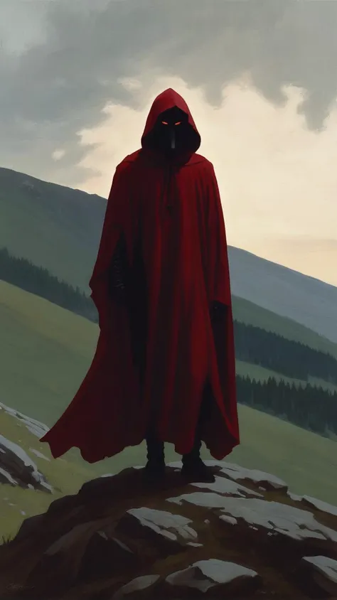 [high-key bright cinematic shot, dramatic perspective, red on rich teal:tempera painting by esad ribic:1], extremely low angle close-up shot of a dark crimson obsidian hooded figure on a hill, pareidolia