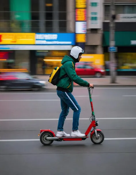 A person is riding a red scooter in motion on a city street. They wear a yellow helmet, a dark green hooded jacket, white sneakers, and blue trousers with white stripes along the sides. The scooter's wheels show motion blur, indicating speed, and the background is a vibrant blur of colors and light streaks, suggesting movement and a bustling urban setting. A neon sign is partially visible in the blurred background.