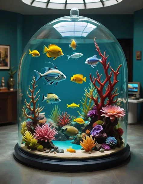 vibrant aquatic life amidst a retro-futuristic glass dome