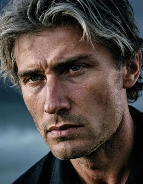 In this evocative close-up portrait capturing raw emotion, a man with chiseled features and unkempt salt-and-pepper hair gazes intently yet anguished, his furrowed brow and clenched jaw reflecting the inner turmoil. The dramatic lighting, reminiscent of Ansel Adams' masterful play on contrasts, casts deep shadows across the man's face, highlighting the prominent cheekbones and etched lines. A stormy backdrop, with ominous, swirling clouds and a looming, darkened sky, mirrors the subject's internal tempest. The composition, in its striking juxtaposition of human anguish and the raging elements, evokes a sense of timelessness and the raw power of nature.