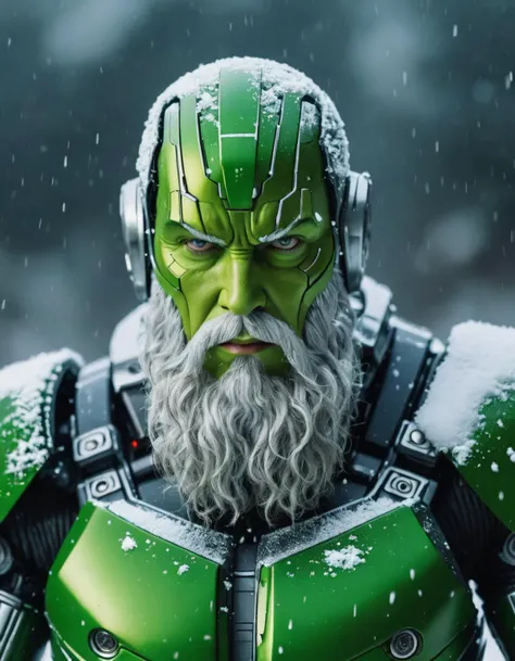 Close-up portrait of android santa, tense expression, snowy weather backdrop, dramatic lighting, reminiscent of Ansel Adams' work, robot, android, cyberpunk green armor