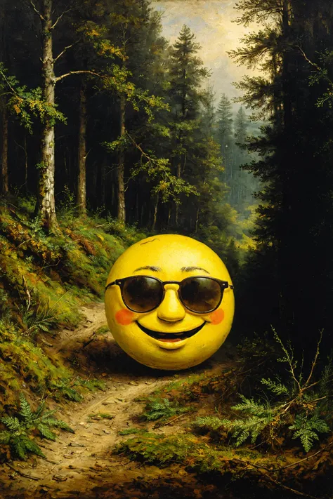 (big yellow emoji in sunglasses:1.2), forest, (smile:0.1), on ground, closed mouth, (forest paths:0.1), long range shot,
art by Rembrandt, classic oil painting, dark shot,
<lora:r3mbr4ndt_SDXL-step00020000:1.0> <lora:WildcardX-XL-Detail-Enhancer:0.6> <lora:xl_more_art-full_v1:0.15>