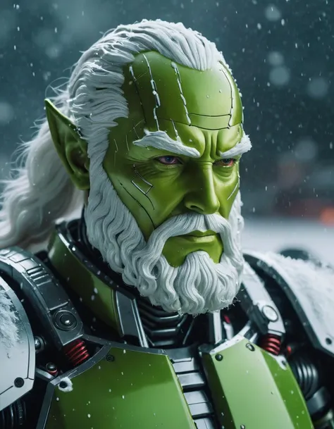 Close-up portrait of android santa, tense expression, snowy weather backdrop, dramatic lighting, reminiscent of Ansel Adams' work, robot, android, cyberpunk green armor