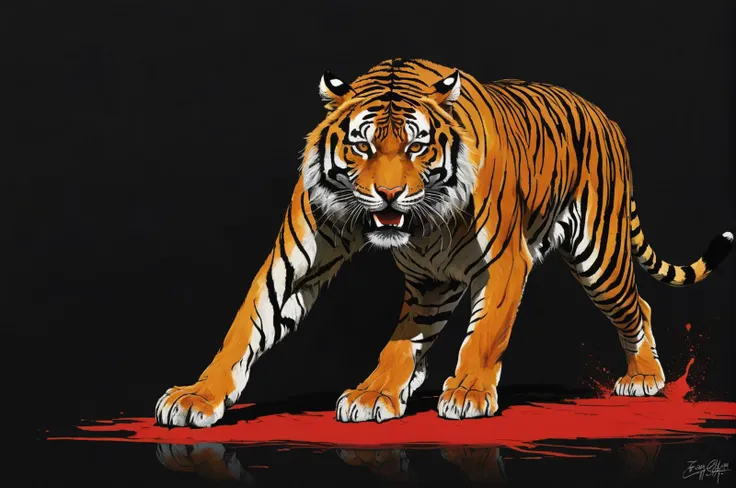 (old book style ink illustration:1.3), full shot of a tiger, (gold:0.9), ( full body view of tiger:1.2), (side view:1.3), red, dark, the tiger bared his teeth, he is furious, ready to attack, predator color red and black, before jumping, (neon_outlines:1.2), (black:0.9), (on a black background:1.45), (red stripes on fur:1.1), broken soul, brutal epic composition, Siberian tiger, digitally painted masterpiece, dramatic, gloomy, (emotionally profound:1.1), (expressionism:1 1), intense and brooding dark tones, aggression, anger, fangs, unforgettable, high quality, high resolution, dark psychology, in a circle, mind, manipulation, (by Eric Wallis:1.4), (Impressionism:1.5), (abstract acrylic painting:1.5), (red and black shades:1.2), (large strokes:1.3), roam lush, fantastical landscapes, their presence instilling a sense of wonder and awe. This is your opportunity to let your imagination run wild and create images that celebrate the power and charm of the tiger in new and exciting ways.