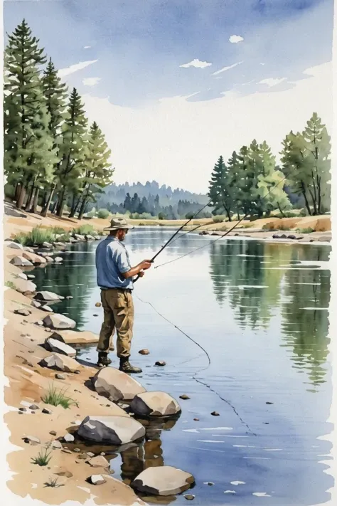 a man fishing at Trinity River, watercolor, white background