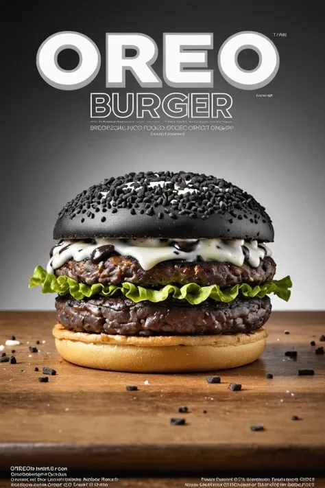 magazine cover, advertising breathtaking professional food photograph of an oreo burger, award winning