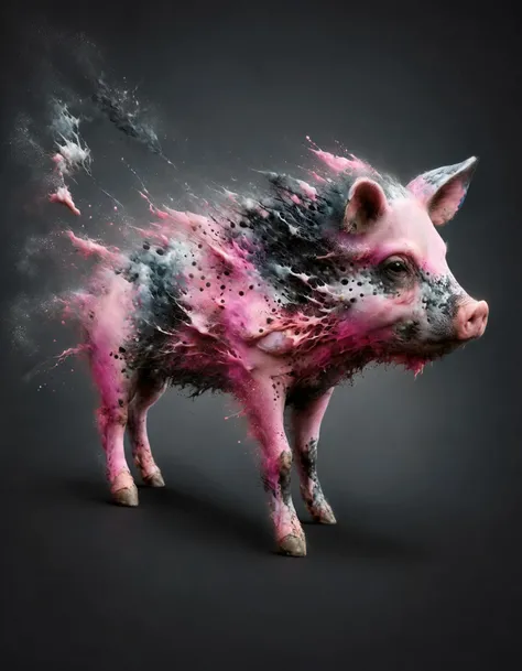 (ral-dissolve:1.4), A vibrant pink pig with black spots against a dark, ominous sky in a minimalist abstract style. The focus is on the pure shapes and forms, with an ambient occlusion render for added depth and dimension.
