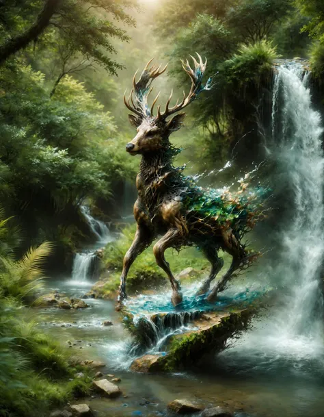 (ral-dissolve:1.4), A bronze sculpture of a serene deer, captured in motion with a long exposure time, set against a backdrop of lush greenery and cascading waterfalls. The scene is rendered in a stylized natural style, with abstracted elements that highlight the beauty and mystery of nature.