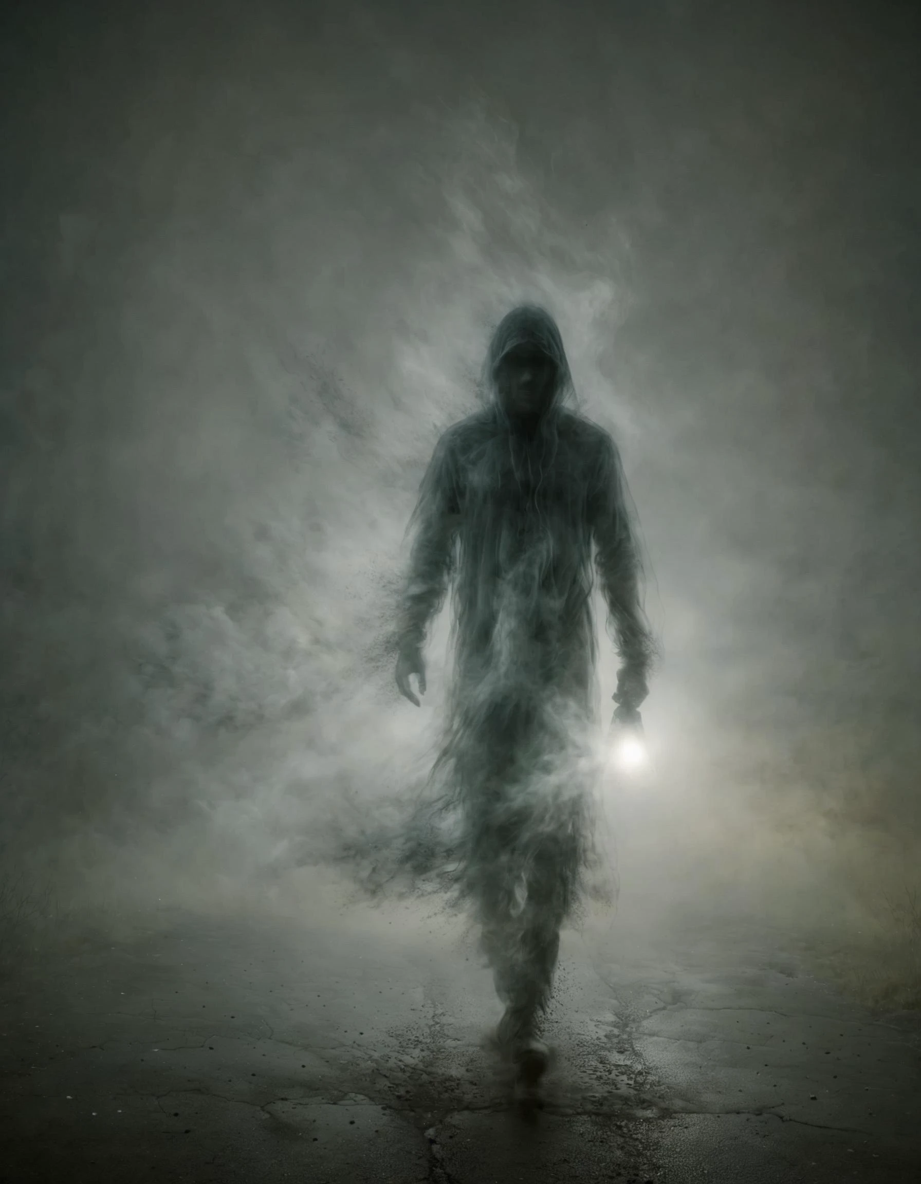 (ral-dissolve:1.4), A ghostly figure emerges from the thick fog, illuminated by a single streetlamp in the distance. The image is captured using a slow shutter speed, creating a dreamy and ethereal effect.