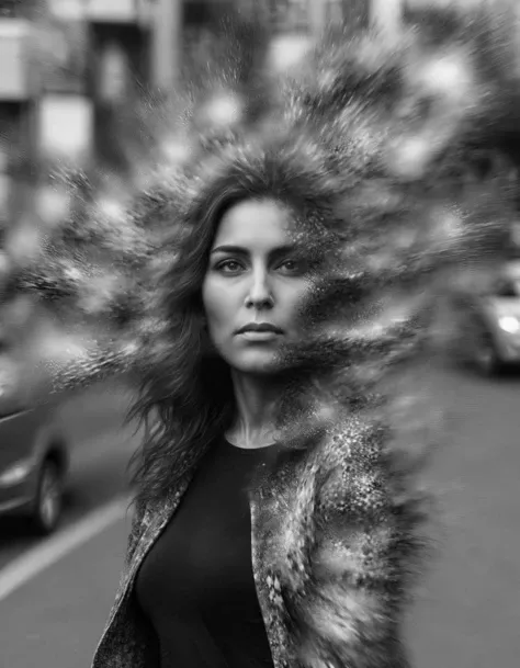 (ral-dissolve:1.4), A black and white portrait of a woman in her 40s with motion blur around her face as she walks through the streets at dawn. The background is a kaleidoscope of patterns that evoke a sense of infinite, ever-shifting perspectives. The image is a photocopy.