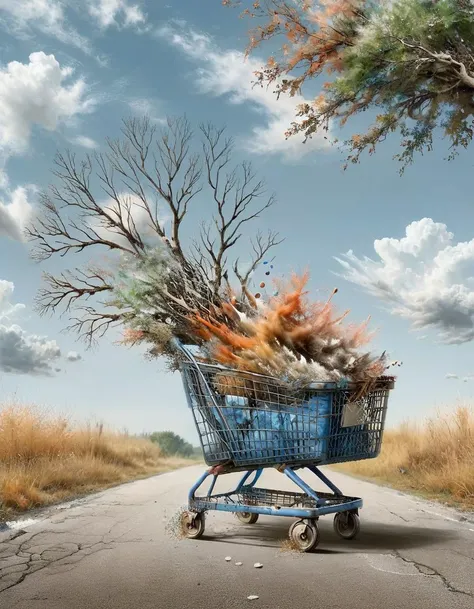 (ral-dissolve:1.4), A rusty and dented shopping cart with faded blue handles sits against the backdrop of fluffy white clouds that stretch across an abstracted nature scene. In the foreground, a pencil sketch of a tree with intricate branches and leaves is visible.