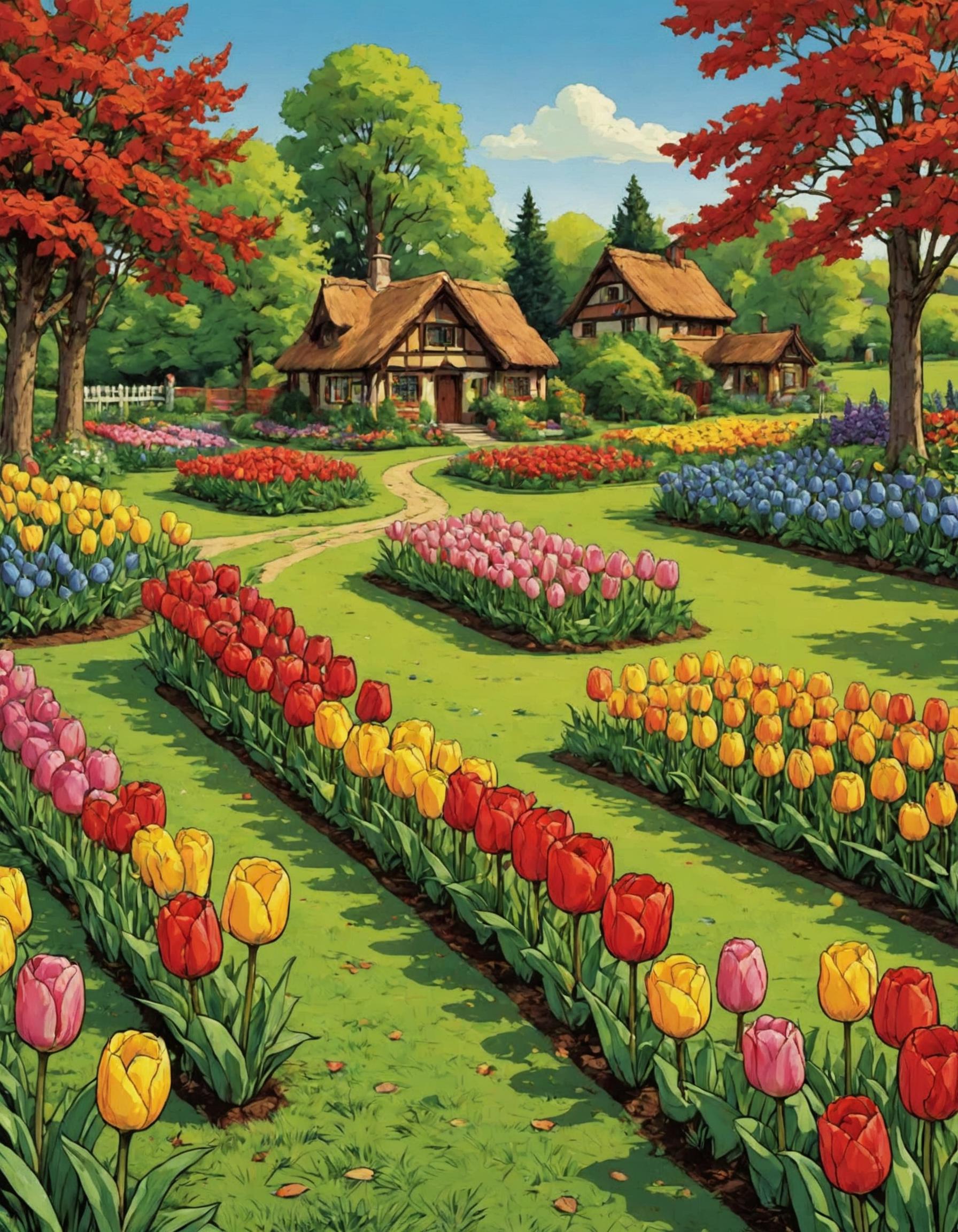 A painting of a garden with lots of flowers and trees - SeaArt AI