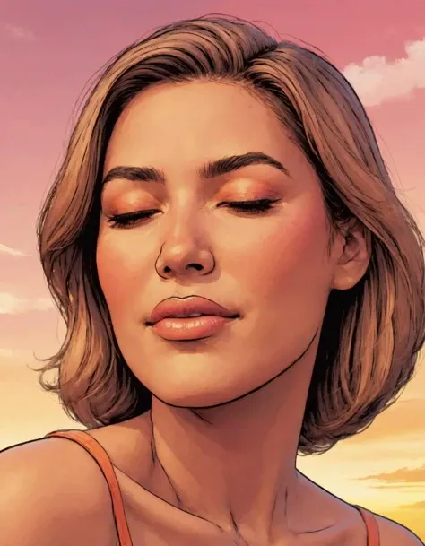 (comic book), A close-up of a woman's face, her eyes closed and a gentle smile on her lips. The background is blurred and out of focus, with soft hues of pink and orange in the sky.