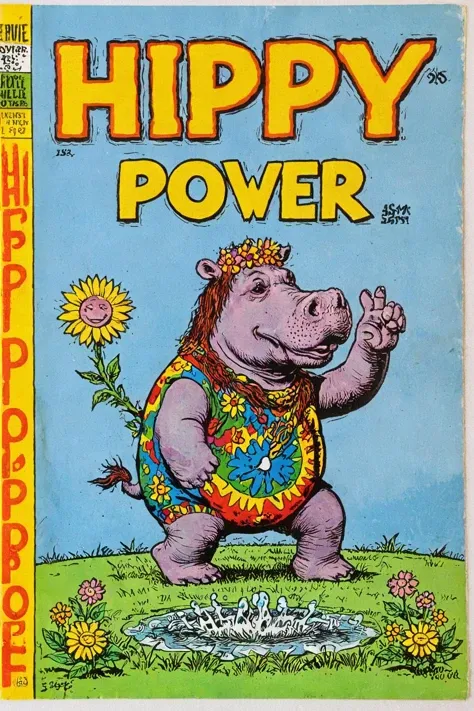 Vintage comic book with title text "hippy hippo", flower power, peace symbol, tiedye