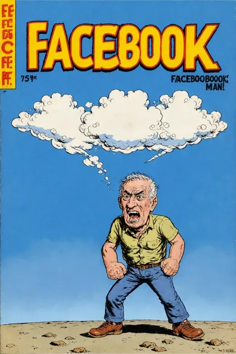 the cover of Vintage comic book with title text "facebook" \n angry old man yelling at cloud