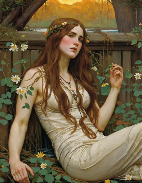 In the vein of John William Waterhouse's captivating style yet with a modern twist, we find a stunning depiction of a woman epitomizing 'hair down.' She is a mythological nymph, her long cascading golden tresses framing a serene face, adorned with delicate flower petals. Her gaze is lost in thought as she reclines on a lush, verdant bank, the sun's warm rays gilding her skin. The masterful brushstrokes and vivid colors evoke a sense of timeless beauty and tranquility, a testament to Waterhouse's enduring artistic legacy.