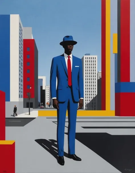 In this Flat Art interpretation, reminiscent of Piet Mondrian's iconic neo-plasticism, a business professional wearing a blue suit and red tie stands amidst a geometrically simplified urban landscape. The sky is a crisp division of primary and secondary colors, while the buildings, in their reduced forms, are a harmonious arrangement of straight lines and right angles. The figure's silhouette is a study in contrast, with the sharp edges of the suit juxtaposed against the soft curves of the hat perched on their head. A minimalistic cityscape unfolds in the background, as if a testament to the evolving nature of modernity and the ever-changing world of commerce.