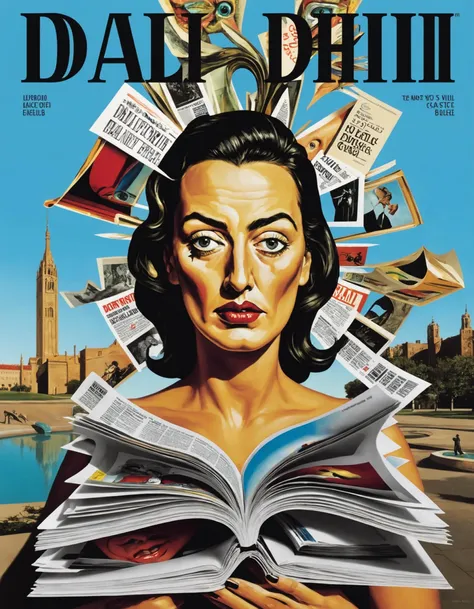 In the vein of Salvador Dalí's surrealist style yet with a modern twist, we find an intriguing magazine cover. The foreground features a melting stack of glossy periodicals, their pages curling and transforming into various creatures and objects. A woman's face, resembling the iconic Dalí melting clocks motif, emerges from the center, her eyes made up of the magazine's logo in bold letters. The background presents a dream-like cityscape, with towering skyscrapers, their windows displaying a myriad of floating magazines and newspapers. A surreal blend of reality and fantasy, this captivating artwork encapsulates the essence of the magazine industry while showcasing Dalí's signature style.