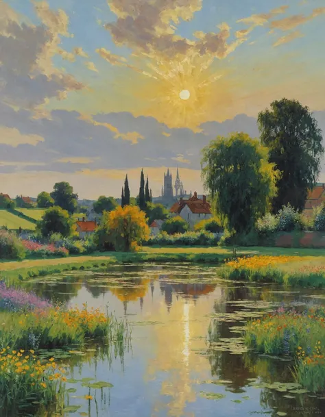 In the vein of Claude Monet's impressionistic style yet with a modern twist, we see a serene landscape bathed in golden sun rays. The foreground features a tranquil pond, its surface dappled with the playful reflections of the sun's beams. Lush, vibrant green foliage and a riot of colorful wildflowers line the banks, swaying gently in the soft breeze. In the distance, a picturesque village, its rooftops and spires, are silhouetted against the hazy blue-grey sky, where a few puffy white clouds linger. The sun itself, a glorious, almost abstract burst of yellow and orange, is the focal point, casting a warm, ethereal glow over the entire scene. This harmonious interplay of light and nature, so characteristic of Monet's work, captures the essence of sun rays in a truly evocative manner.