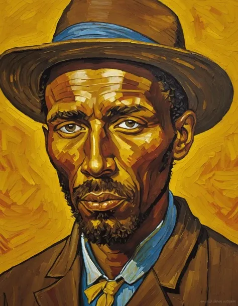 In the vein of Vincent Van Gogh's expressive brushstrokes and vibrant colors, we find a captivating portrait of an individual with brown skin. Their face is illuminated by a warm, golden hue, as if from a nearby fire, highlighting their strong features and kind eyes. The background portrays a swirling, textured landscape in earthy tones, symbolizing the connection to the earth and the richness of life's experiences. The subject is clothed in traditional yet modern attire, a testament to the ever-evolving cultural tapestry. This masterful work not only celebrates the beauty of brown skin but also pays homage to the timeless artistry of Van Gogh.